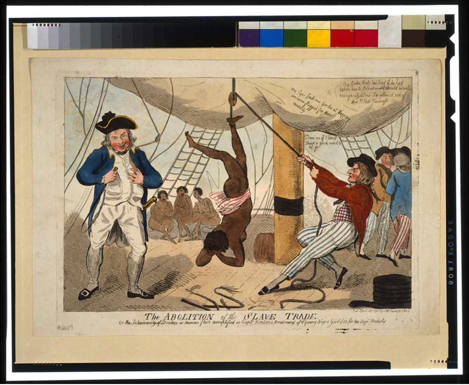 Gravure d’Isaac Cruikshank, qui représente une femme noire esclavagisée, pendue par les pieds sur le pont d'un bateau, torturée par deux hommes blancs de l'équipage.